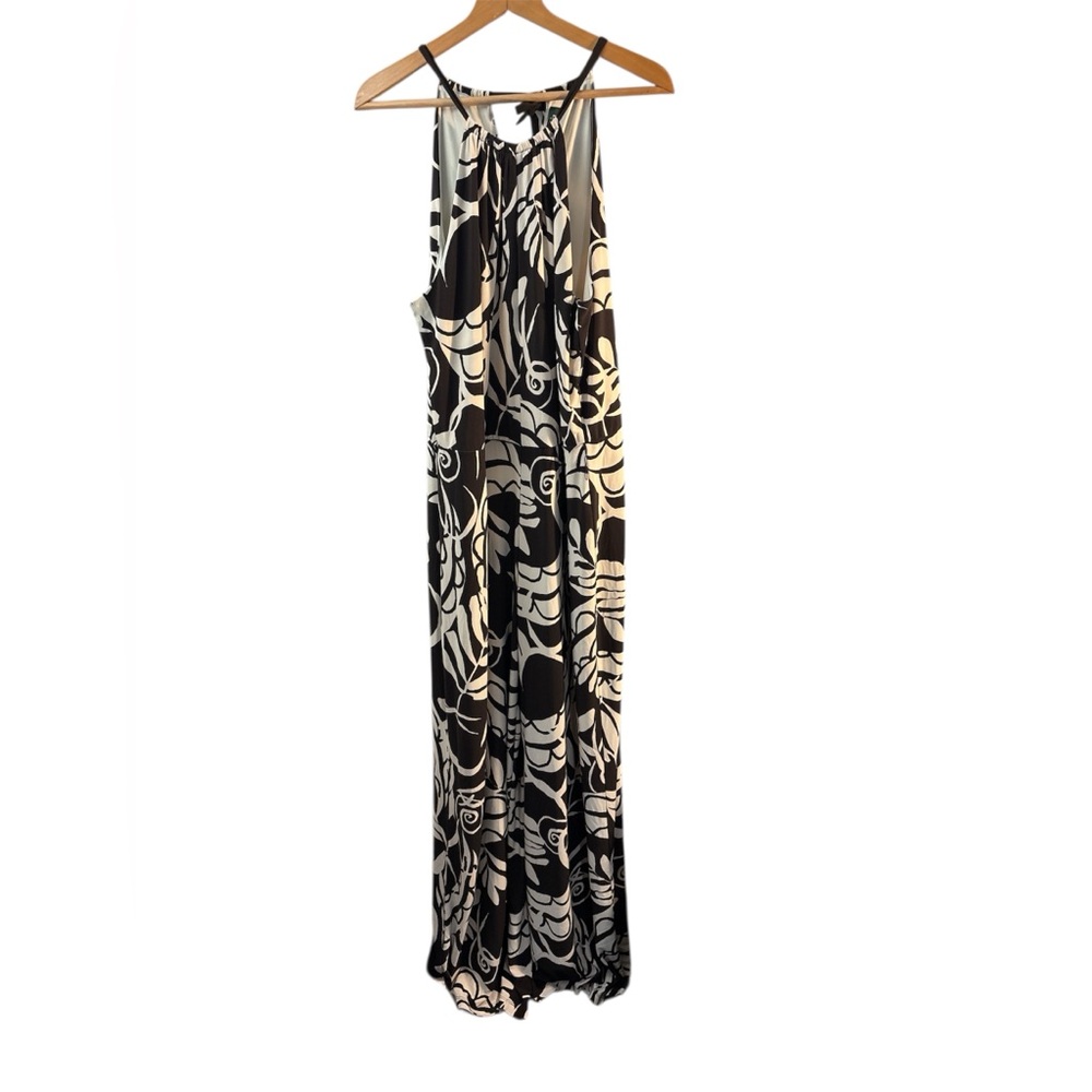 Lauren Ralph Lauren Brown Cream Tropical Jumpsuit Halter Keyhole XL No Belt